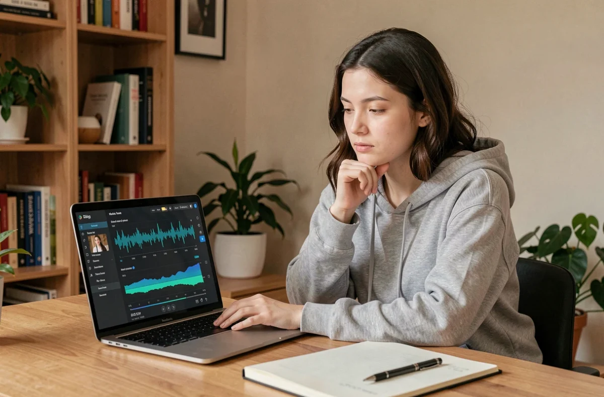Jeune femme consultant des informations légales sur la conversion de musique YouTube en MP3 sur son ordinateur portable à domicile
