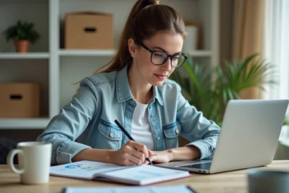 Femme concentrée au bureau avec ordinateur et notes