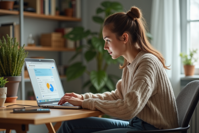 Jeune femme au bureau avec ordinateur portable et plantes
