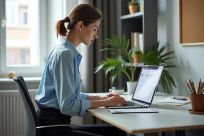 Femme au bureau recherchant des contacts en ligne