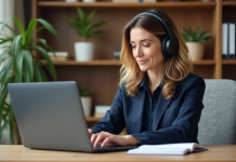 Transformer audio en texte : Les étapes essentielles pour une transcription efficace Femme en bureau moderne travaillant sur son ordinateur