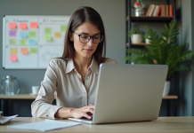 Femme concentrée travaillant sur un ordinateur dans un bureau moderne