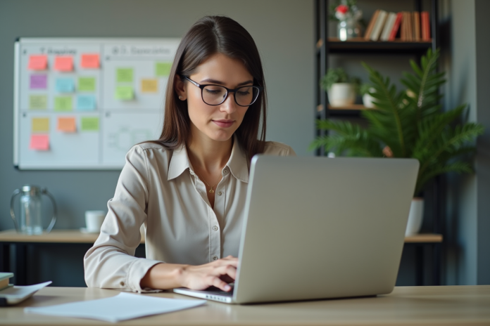 femme-bureau-ordinateur-3 Femme concentrée travaillant sur un ordinateur dans un bureau moderne