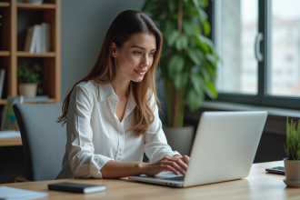 Femme au bureau regardant son ordinateur portable