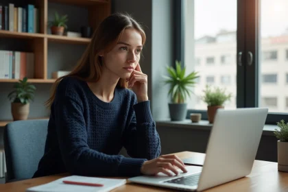 Jeune femme au bureau avec ordinateur portable et livres