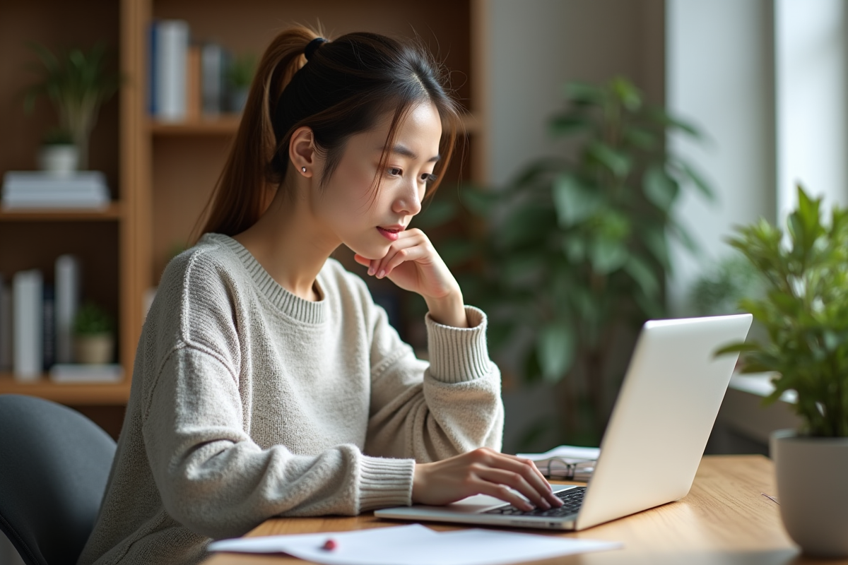 Jeune femme au bureau avec ordinateur portable