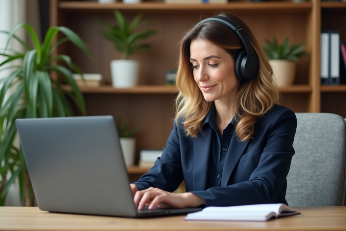 femme-bureau-ordinateur Femme en bureau moderne travaillant sur son ordinateur