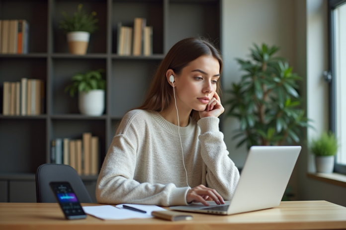 femme-bureau-ordinateur-ecouteurs Jeune femme au bureau avec écouteurs et ordinateur