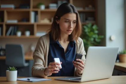 Jeune femme au bureau avec disques SSD en main