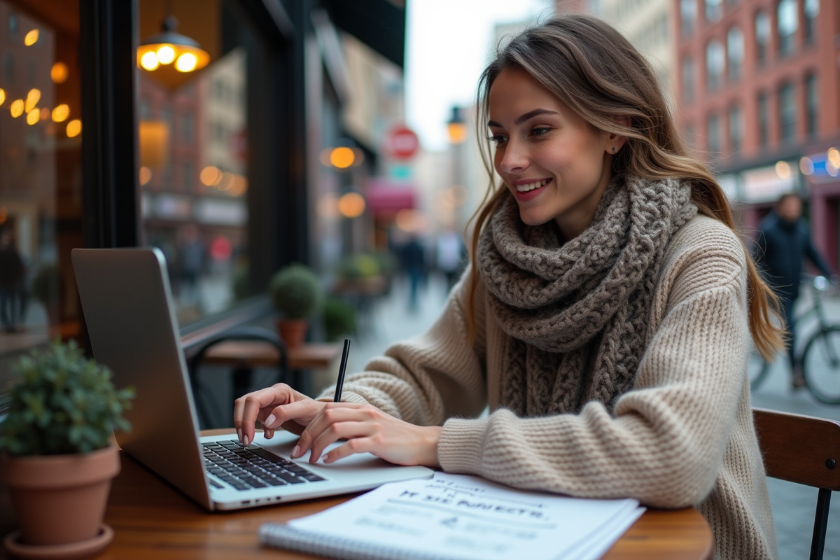 Femme souriante travaillant sur son ordinateur dans un café en ville