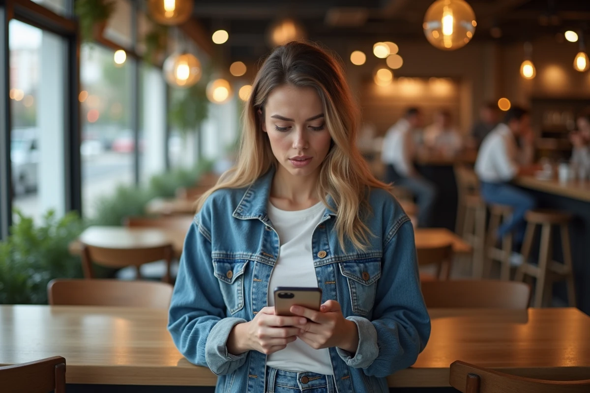 Femme au café utilisant son smartphone