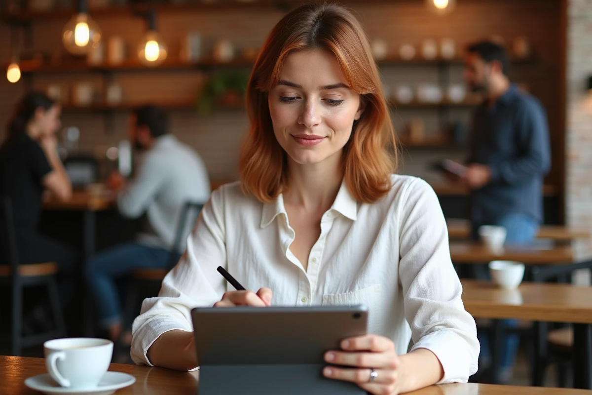 Femme utilisant une tablette dans un café pour découvrir un guide de logiciel de scan, avec une tasse de café et un stylet sur la table