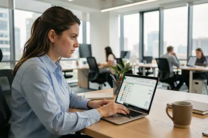 Femme utilisant Excel pour calculer une augmentation en pourcentage sur un ordinateur portable en open space