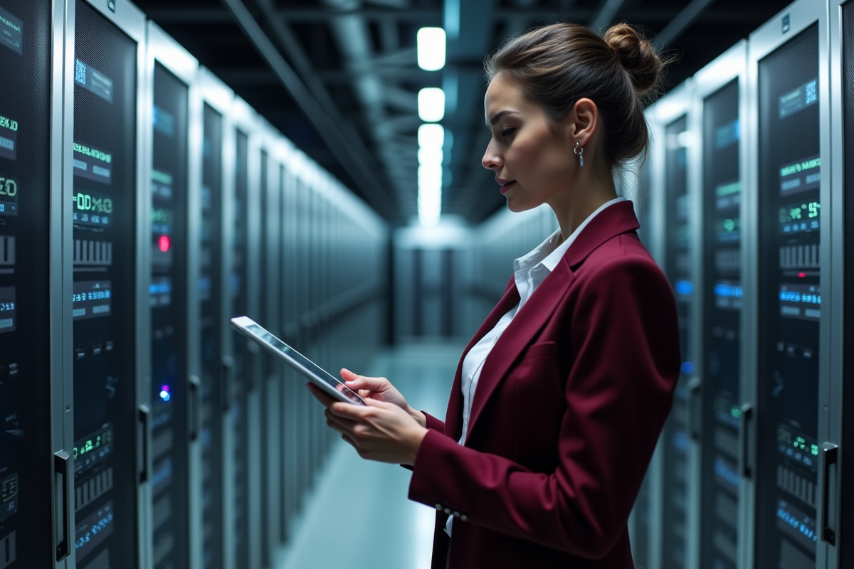 Femme en blazer burgundy vérifiant des serveurs dans un centre de données