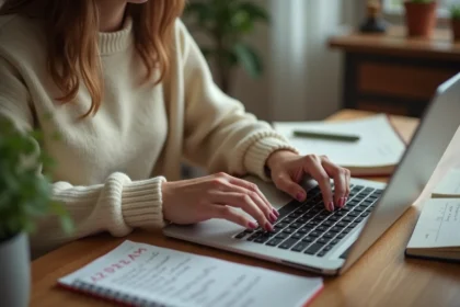Jeune femme tapant des accents espagnols sur un clavier d'ordinateur portable dans un bureau à domicile