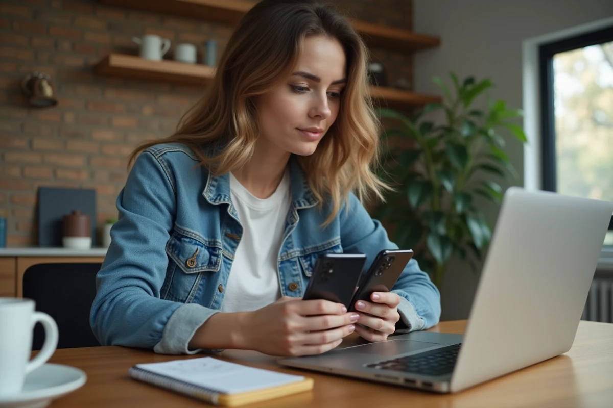 Femme comparant deux smartphones Android économiques sur un bureau à domicile