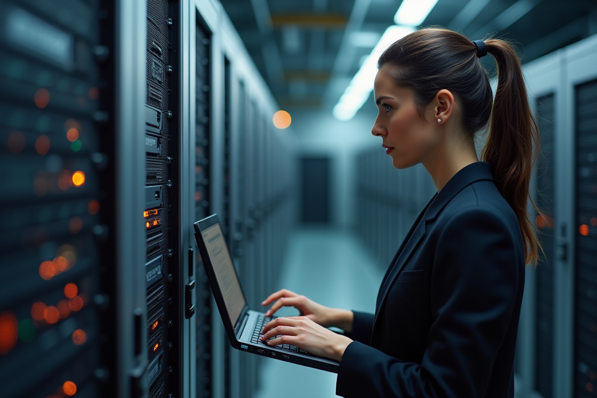 Femme en tenue déployant un serveur dans un centre de données sécurisé