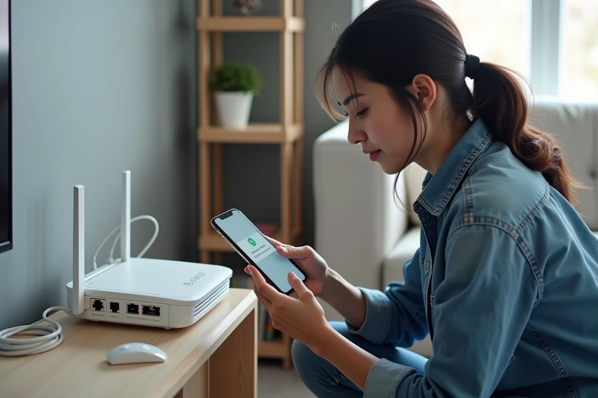 Une femme consulte l'étiquette de son routeur WiFi pour trouver l'adresse IP et accéder à l'interface d'administration depuis son smartphone