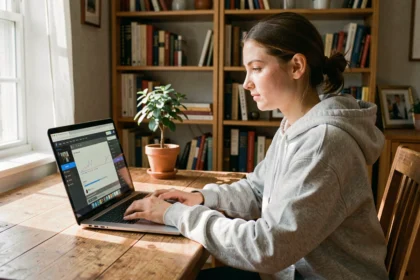 Jeune femme convertissant une vidéo en MP4 sur son ordinateur portable à son bureau à domicile
