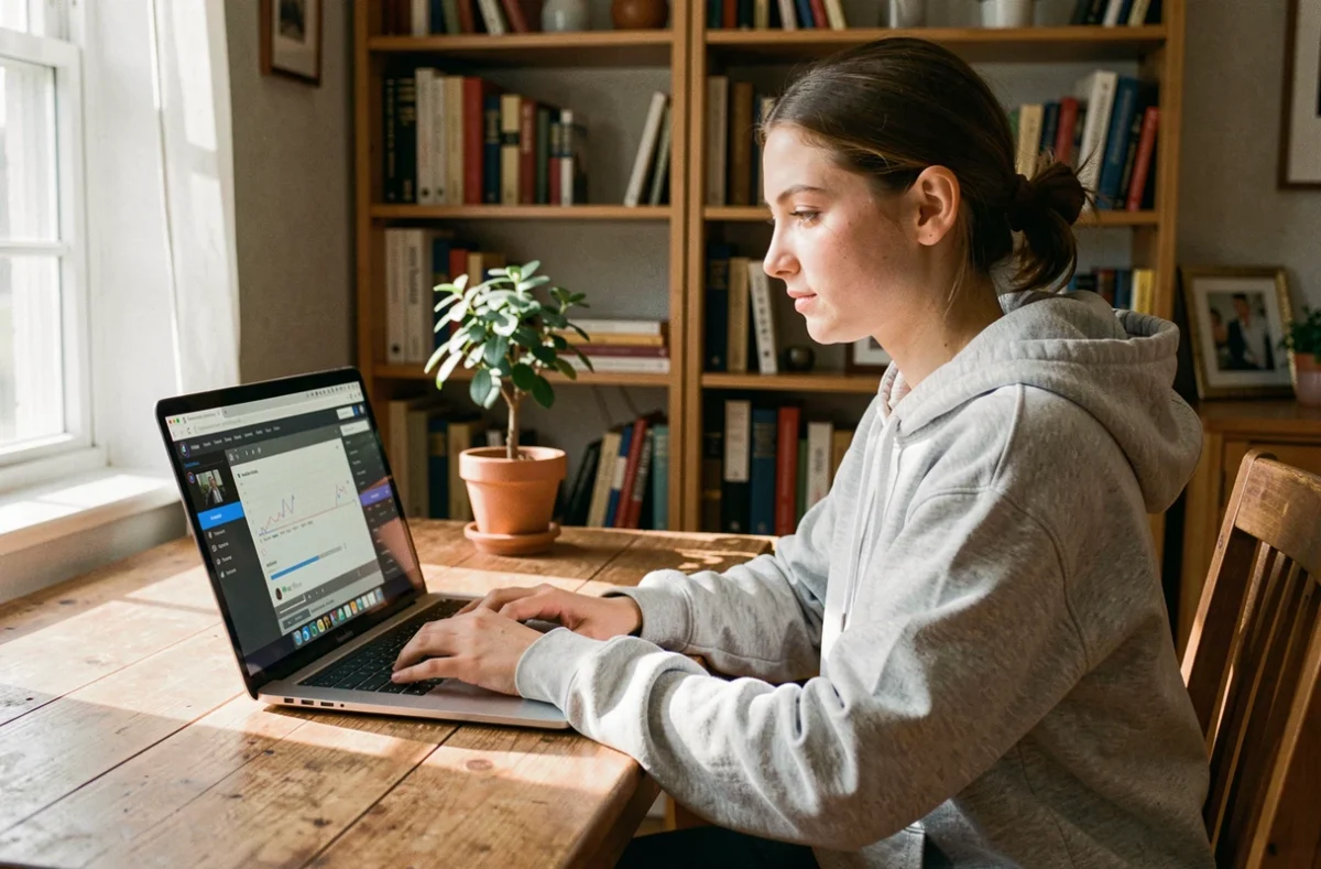 Jeune femme convertissant une vidéo en MP4 sur son ordinateur portable à son bureau à domicile