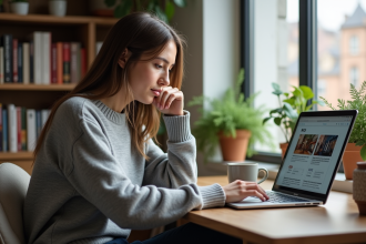 Jeune femme en sweater gris devant un ordinateur dans un appartement