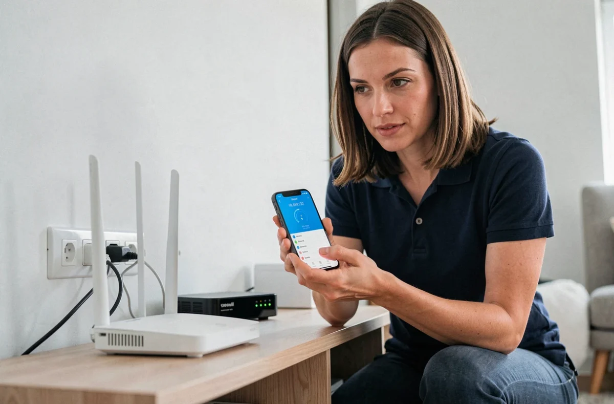 Femme diagnostiquant un problème de réseau domestique avec un smartphone affichant une adresse IP près d'un routeur