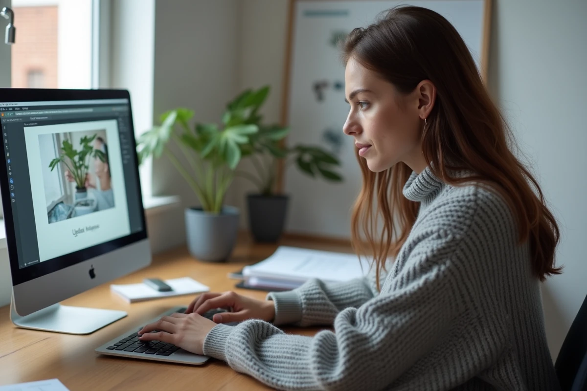 Jeune femme utilisant une extension navigateur pour transformer une image en lien partageable depuis son bureau à domicile