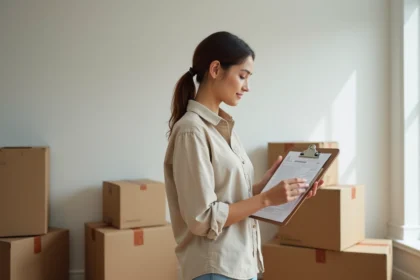 Femme consultant un formulaire de changement d'adresse dans un appartement rempli de cartons de déménagement