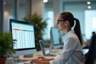 Femme professionnelle consultant une formule de calcul d'âge automatique dans Excel sur un grand écran de bureau