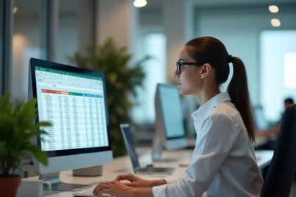 Femme professionnelle consultant une formule de calcul d'âge automatique dans Excel sur un grand écran de bureau