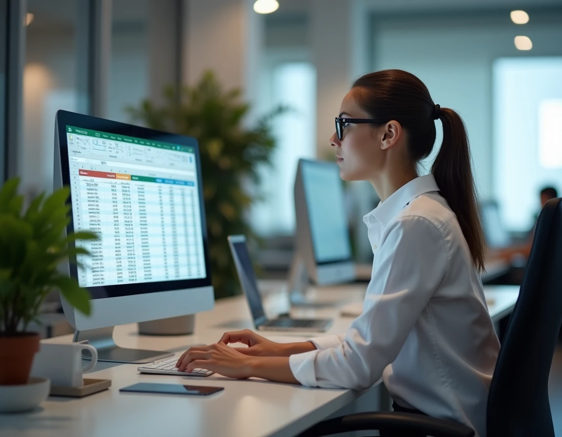 Femme professionnelle consultant une formule de calcul d'âge automatique dans Excel sur un grand écran de bureau