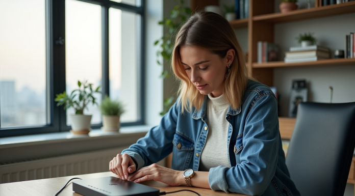 Femme connectant un câble fibre optique dans un bureau moderne