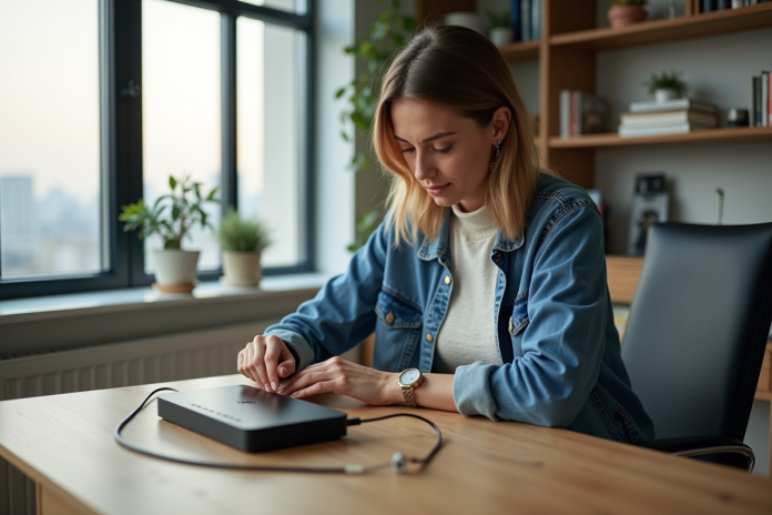 Femme connectant un câble fibre optique dans un bureau moderne