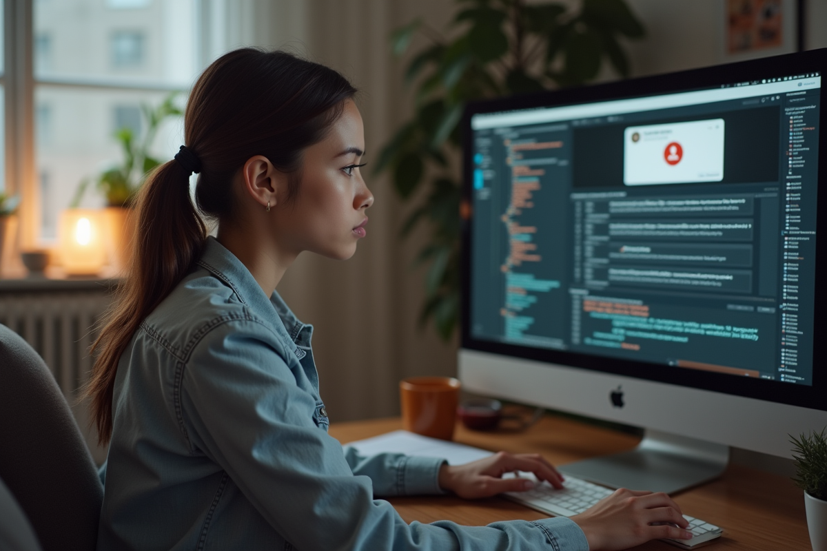 Femme vérifiant une alerte sur son écran dans un salon