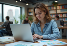 Femme en tenue décontractée travaillant sur un ordinateur dans un bureau moderne