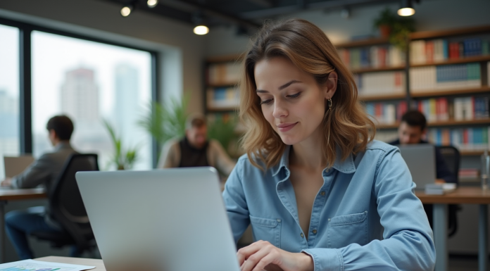 Femme en tenue décontractée travaillant sur un ordinateur dans un bureau moderne
