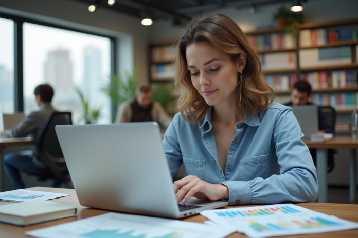 femme-ordinateur-codage Femme en tenue décontractée travaillant sur un ordinateur dans un bureau moderne