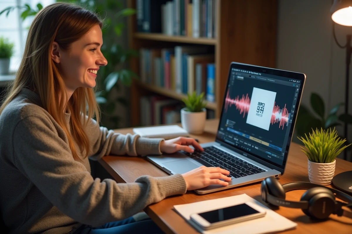 Femme organise musique sur son ordinateur à la maison