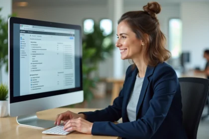 Femme professionnelle organisant ses dossiers et filtres sur le webmail Nancy Metz depuis un bureau moderne