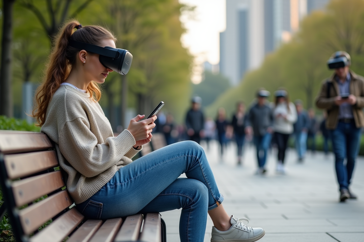 Jeune femme assise dans un parc urbain utilisant son smartphone