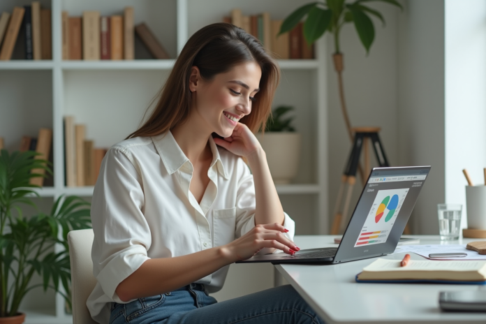 femme-preparation-presentations Jeune femme en bureau moderne prépare une présentation