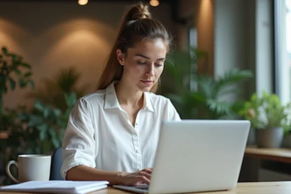 Femme professionnelle consultant le blog Infonovateur sur un ordinateur portable dans un espace de travail moderne et minimaliste
