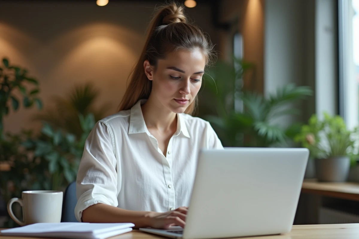 Femme professionnelle consultant le blog Infonovateur sur un ordinateur portable dans un espace de travail moderne et minimaliste