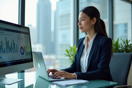 Jeune femme d'affaires analysant des graphiques numériques