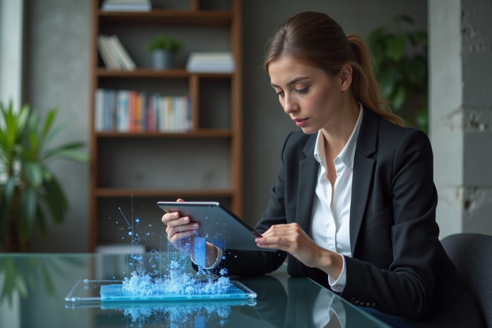 femme-quantum-informatique Jeune femme en blazer examine un modèle 3D de quantum