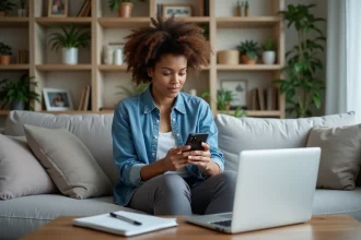 Femme assise sur un canapé dans un salon lumineux utilisant son téléphone