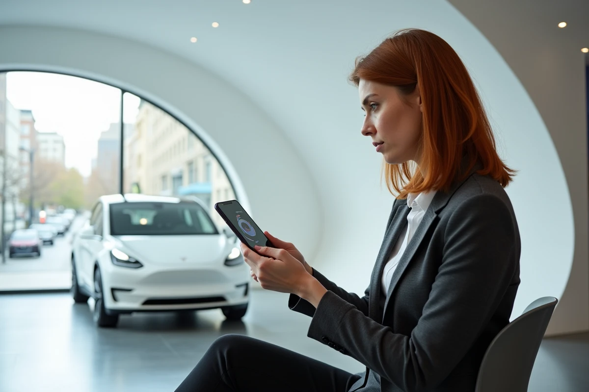Femme dans un showroom Tesla examinant un smartphone connecté à l'interface d'un véhicule électrique