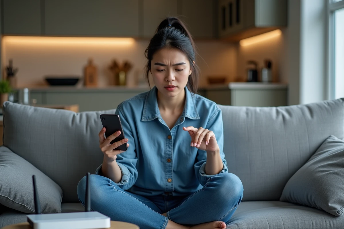 Femme tenant un smartphone affichant un site bloqué par le réseau Wi-Fi dans un salon moderne