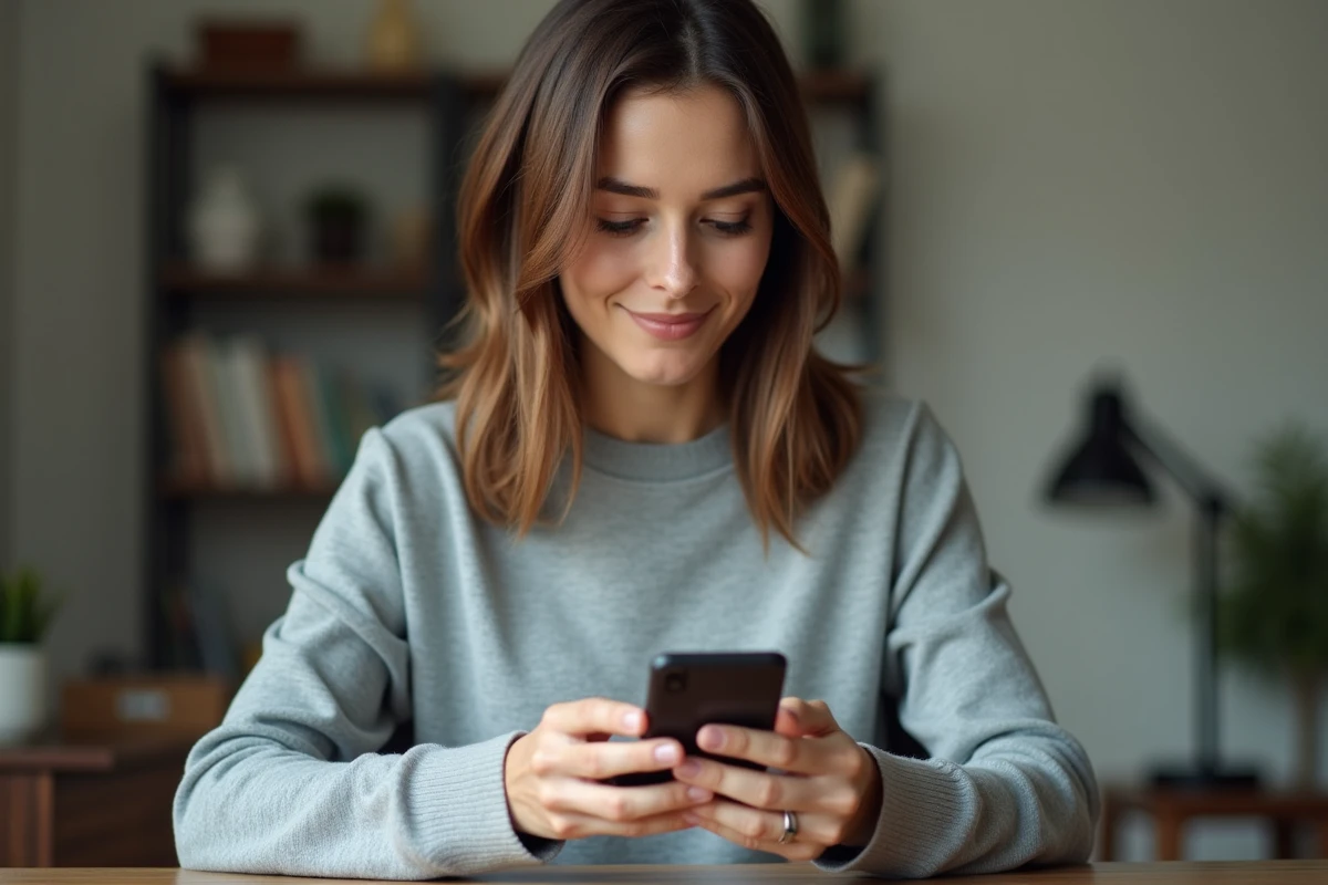 Femme tenant un smartphone Android et lisant un texte épinglé dans le presse-papier