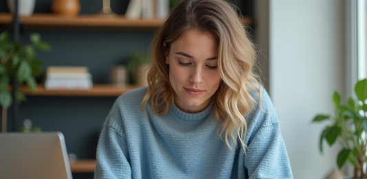 Femme concentrée synchronisant fichiers sur ordinateur et smartphone